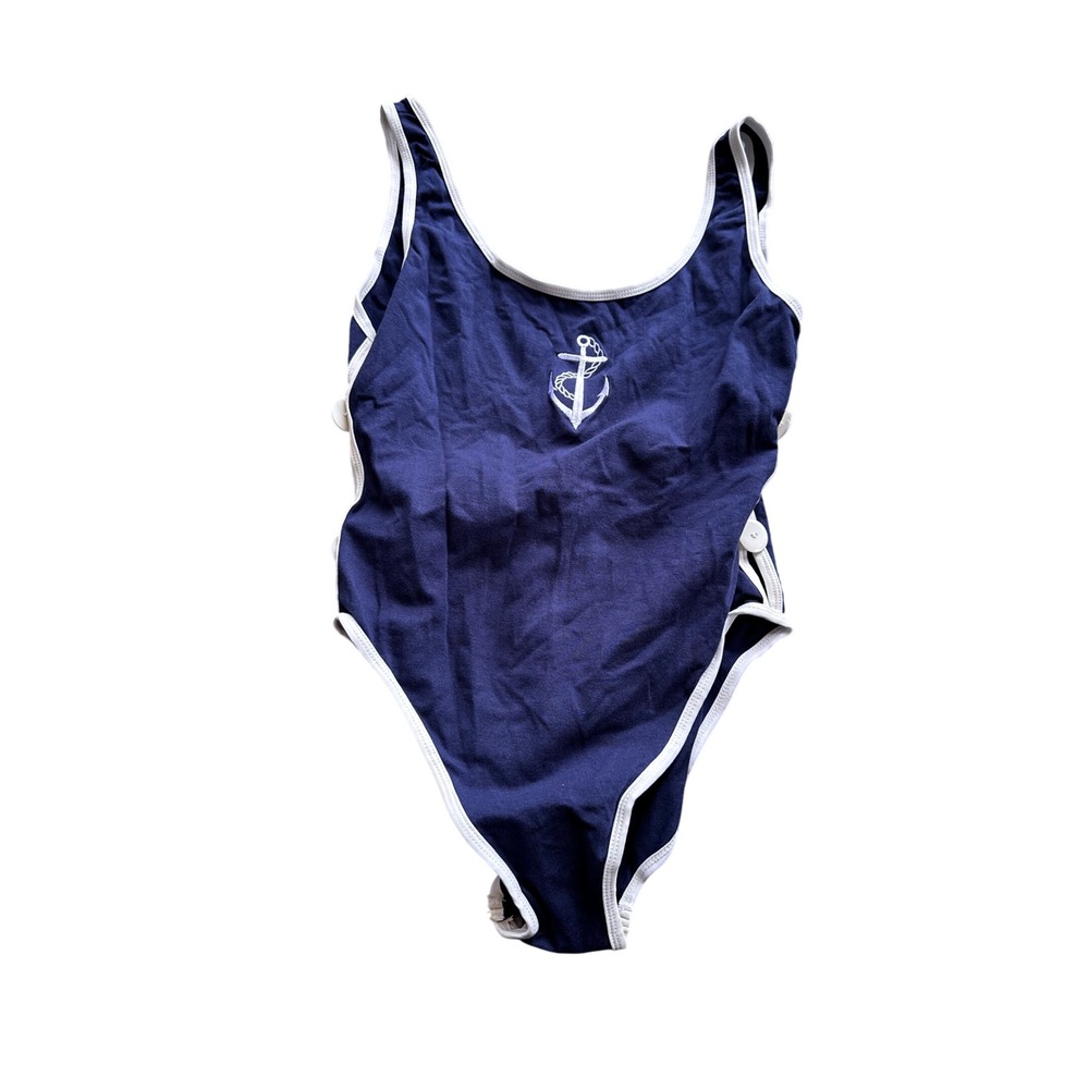 Vintage Nautical Navy Blue One Piece Swimsuit Anchor White Trim Button Sides